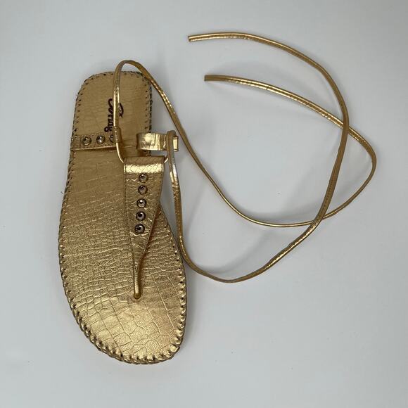 Bridget Gold Croc Embossed Leather Lace Up Sandals 9 Made in Brazil Gladiator